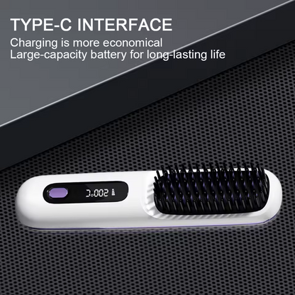 Hair straightening brush with digital display on a textured black background
