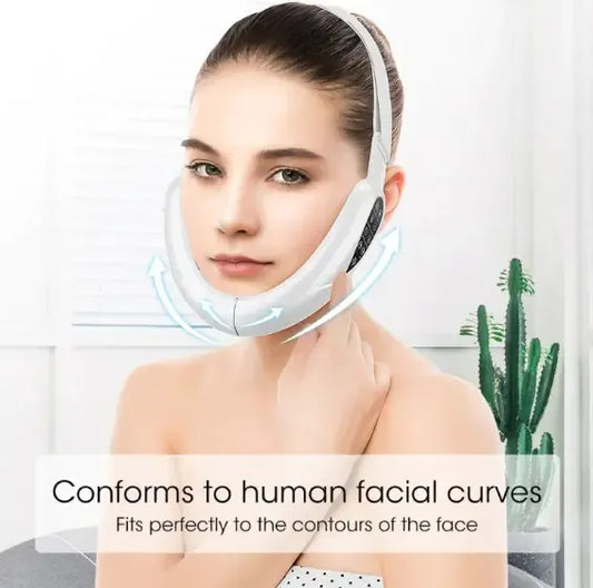 Woman wearing a white facial device with text about conforming to human facial curves.