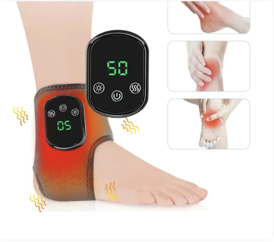 Digital foot massager with temperature display on a foot, showing before and after effects.