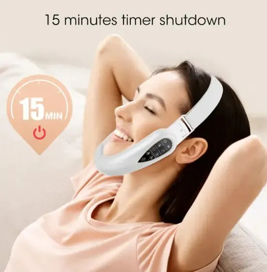 Woman wearing a neck massager with a 15-minute timer shutdown feature displayed.