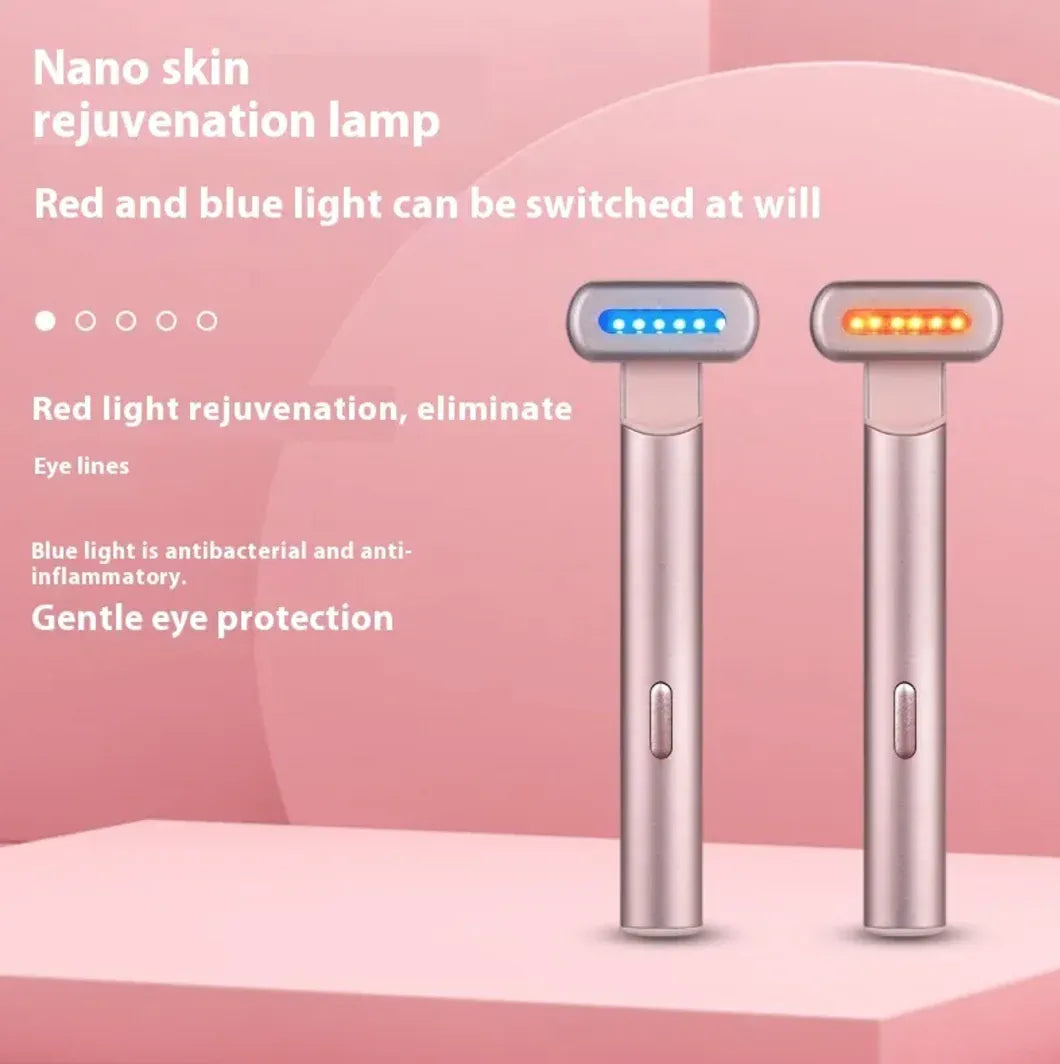 Nano skin rejuvenation lamp with red and blue light on a pink background