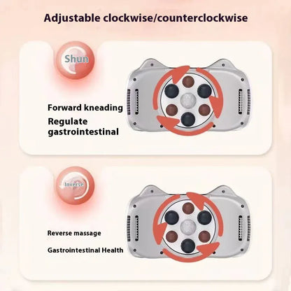 Massage device with adjustable clockwise/counterclockwise motion on a beige background
