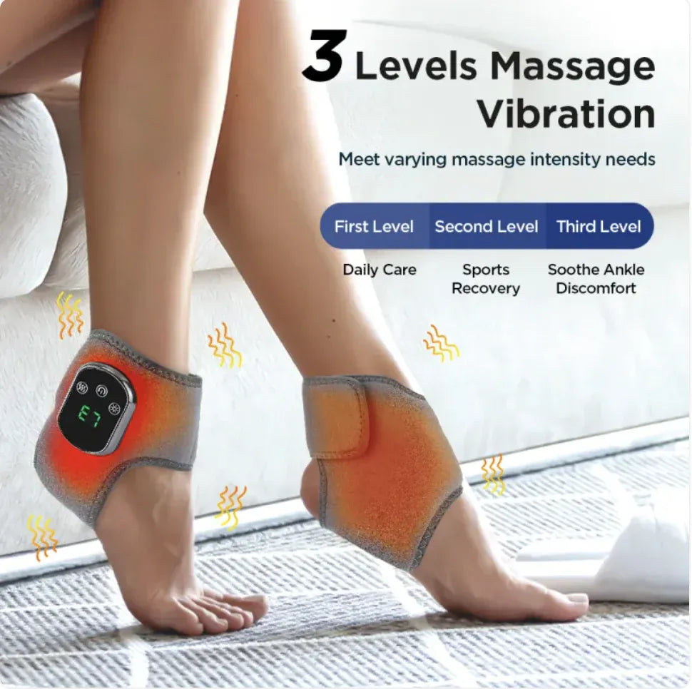 Person wearing an ankle massager with three levels of vibration indicated.