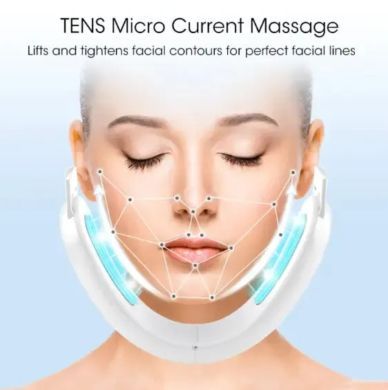 Facial massager device with text about TENS micro current massage on a light blue background