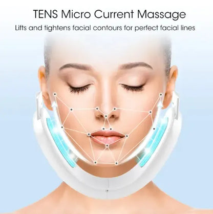 Facial massager device with text about TENS micro current massage on a light blue background
