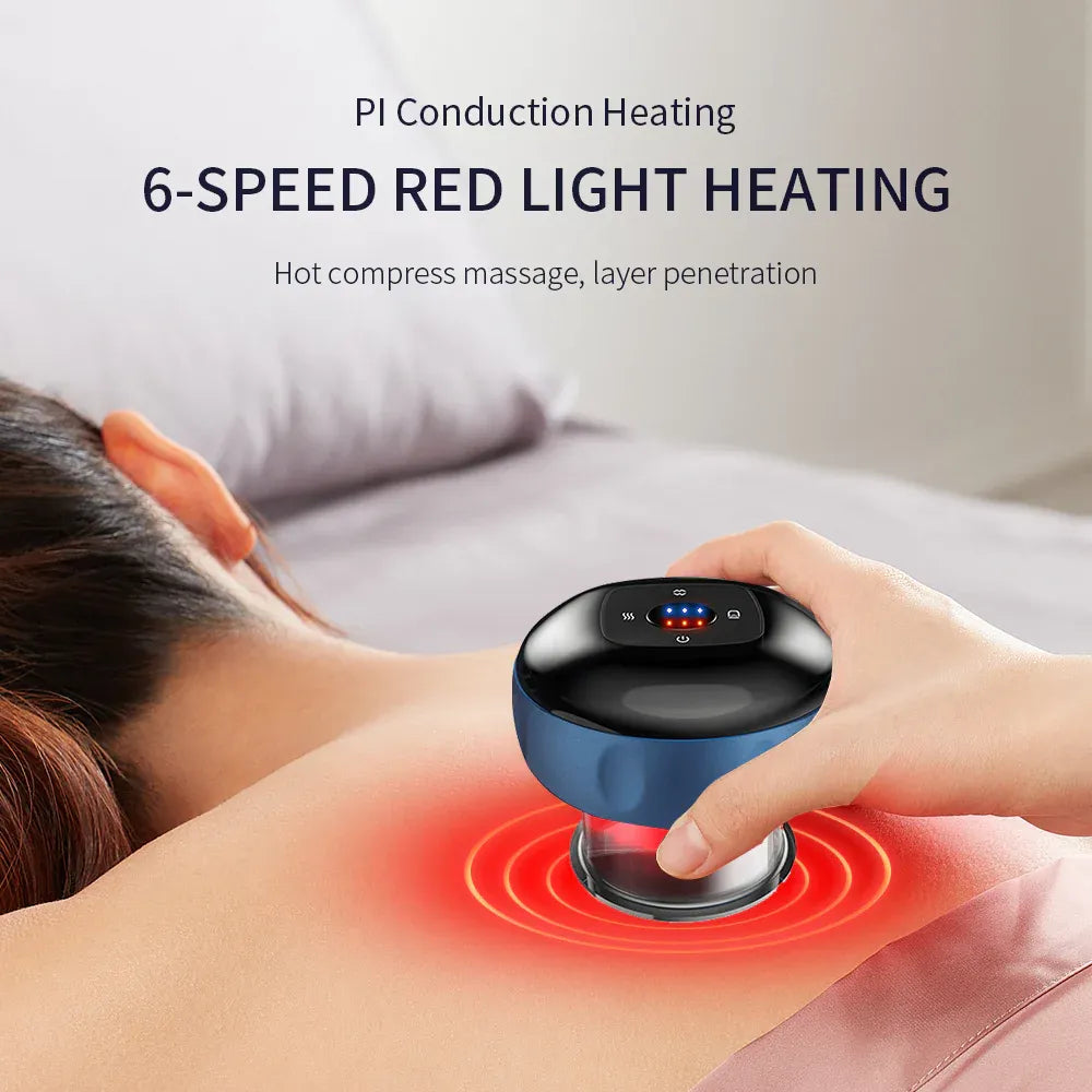 Person using a 6-speed red light heating device on their shoulder with text about PI Conduction Heating.