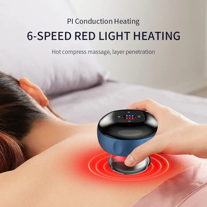 Person using a 6-speed red light heating device on their shoulder with text about PI Conduction Heating.