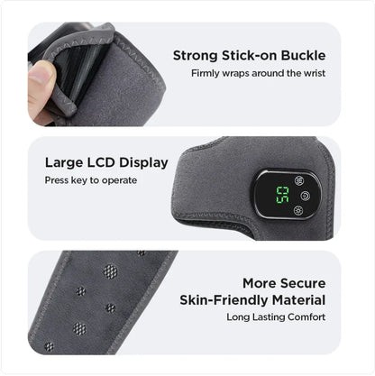 Gray wristband with digital display and text highlighting features on a white background
