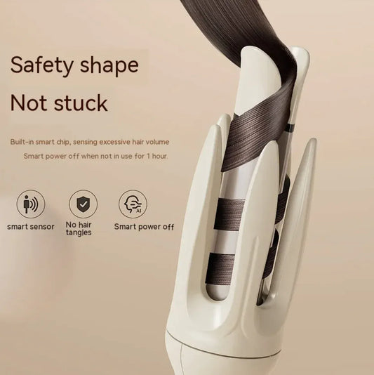 Hair straightener with hair being straightened, featuring safety features on a beige background.