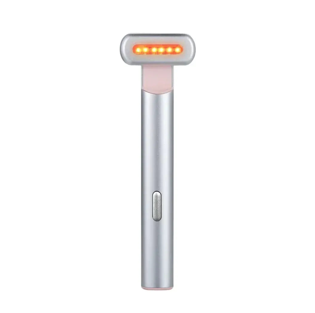 Handheld electronic device with a silver body and pink roller on a white background