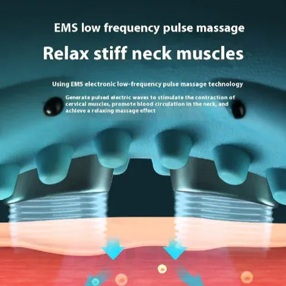 Neck massager with text explaining EMS low frequency pulse massage technology.