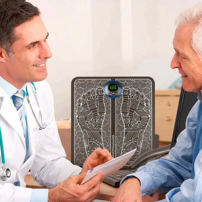 Doctor and patient discussing how foot massager works