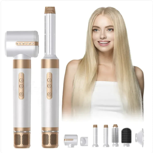 Hair styling tool with attachments and a woman with styled hair on a white background