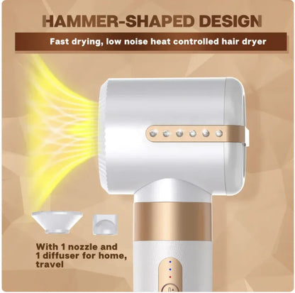 Hair dryer with hammer-shaped design on a beige background