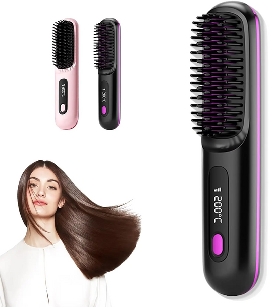 Hair straightening brush with digital display and a woman with straight hair on a white background