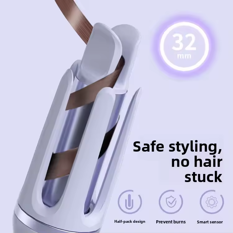 Hair straightening tool with a focus on safety and design features on a light purple background.