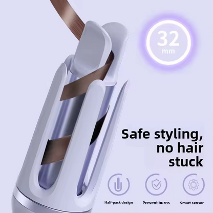Hair straightening tool with a focus on safety and design features on a light purple background.