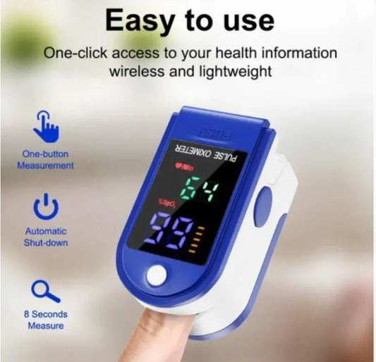 Finger pulse oximeter with digital display on a blurred background