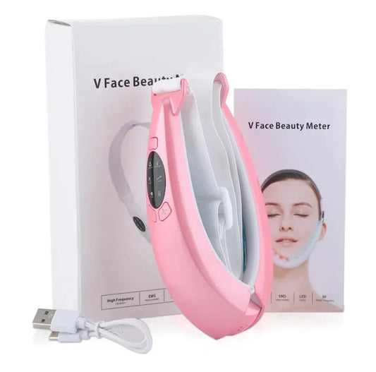 Pink V Face Beauty Meter with USB cable and packaging on a white background