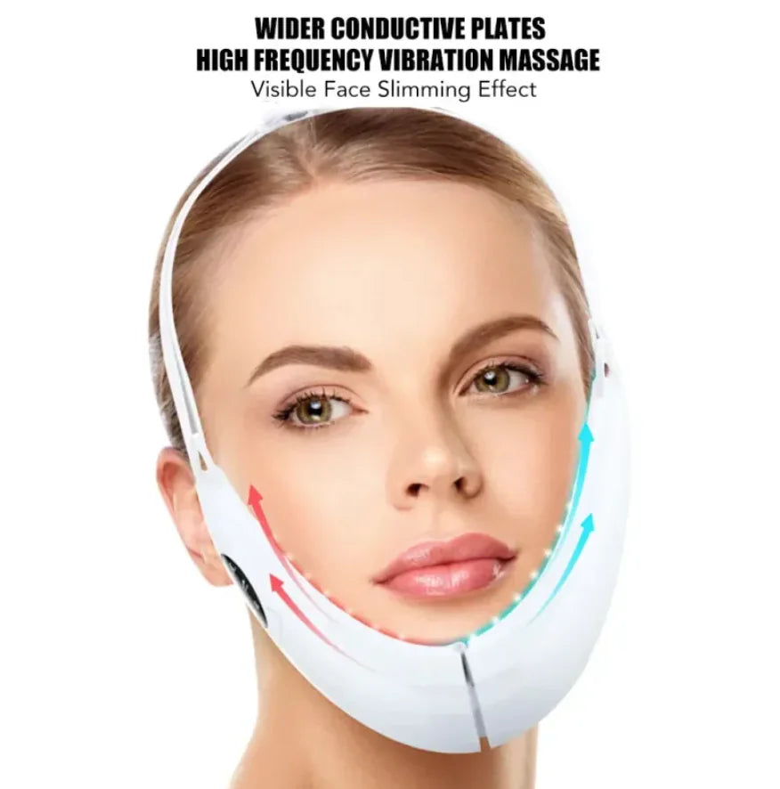 Woman wearing a face slimming device with text about its features on a white background