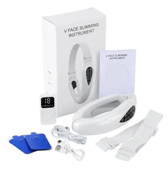 V face slimming instrument with packaging, straps, and accessories on a white background