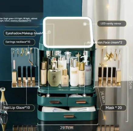 Cosmetic organizer with LED vanity mirror and various skincare and makeup products.