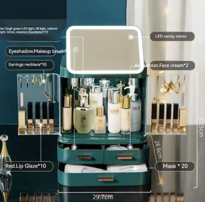 Cosmetic organizer with LED vanity mirror and various skincare and makeup products.