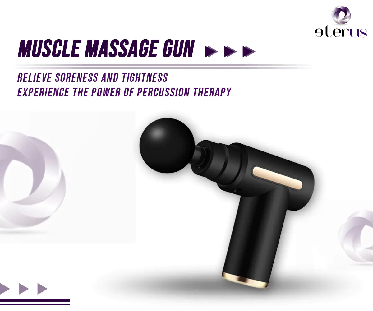 Black muscle massage gun with gold accents on a white background, featuring the brand 'eterus'.