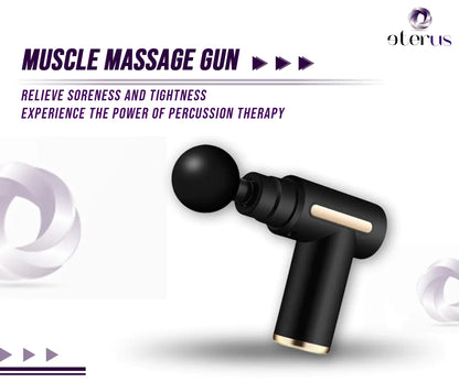 Black muscle massage gun with gold accents on a white background, featuring the brand 'eterus'.