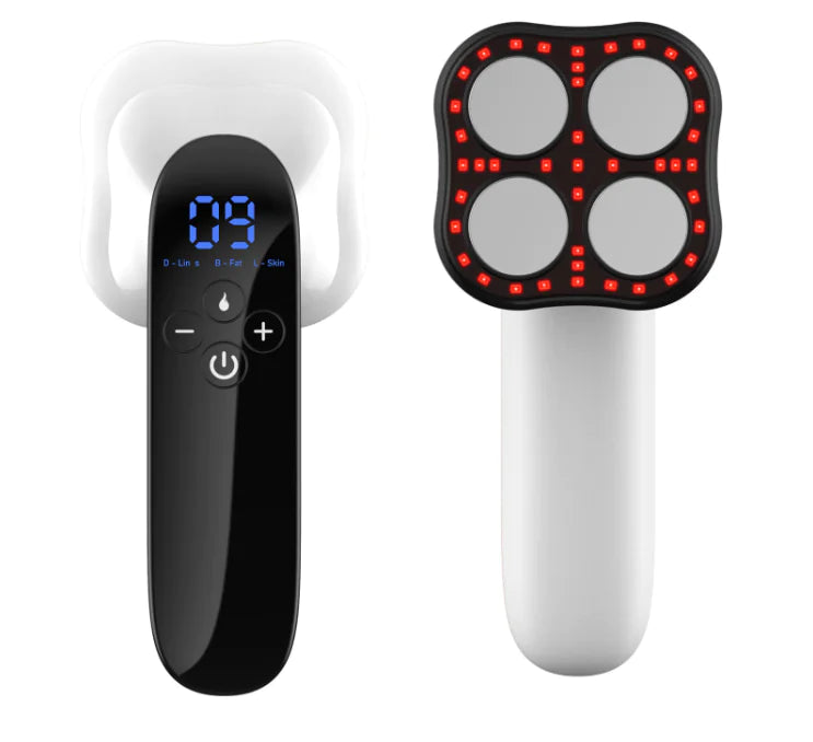 Black and white electronic device with digital display and red LED lights on a white background