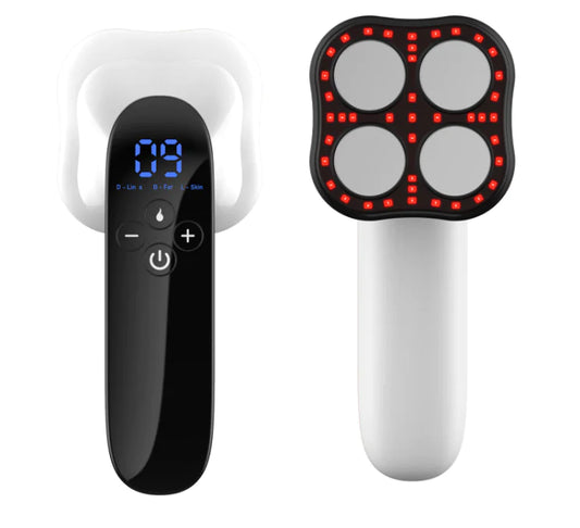 Black and white electronic device with digital display and red LED lights on a white background
