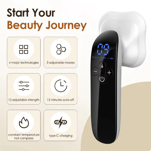 Beauty device with digital display and features listed on a beige background
