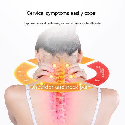 Illustration of a person with neck and shoulder pain, showing cervical symptoms and a countermeasure to alleviate them.