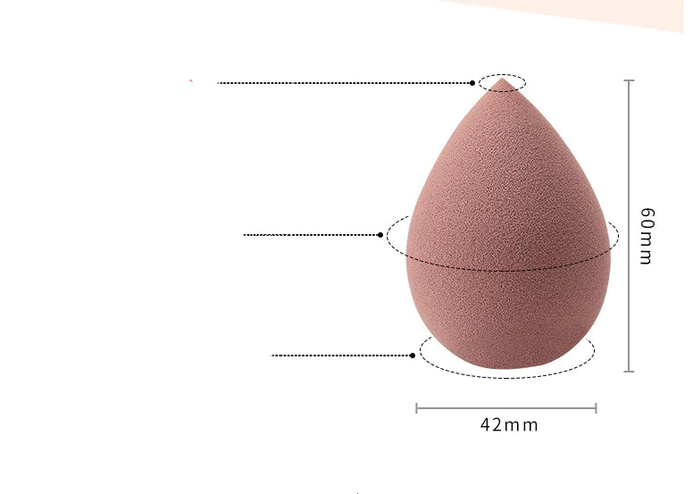 Measurement chart of a pink makeup sponge with dimensions labeled.
