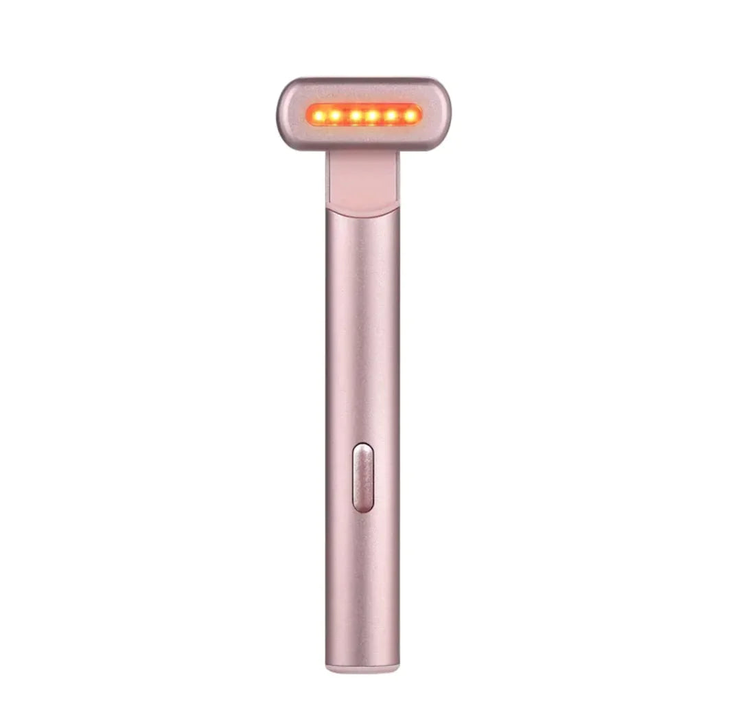 Rose gold handheld device with LED lights on a white background