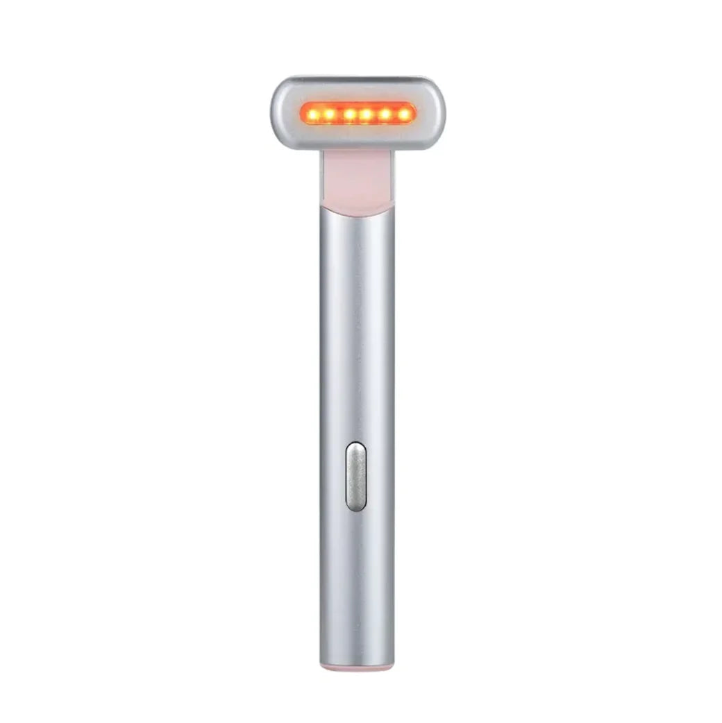 Silver handheld device with LED lights on a white background