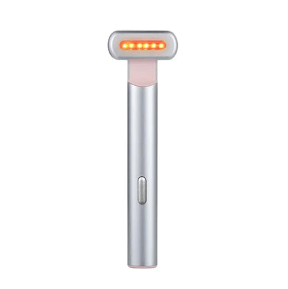 Silver handheld device with LED lights on a white background