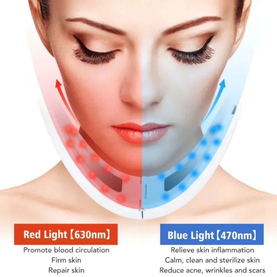 Woman wearing a face mask with red and blue lights labeled for skin benefits.
