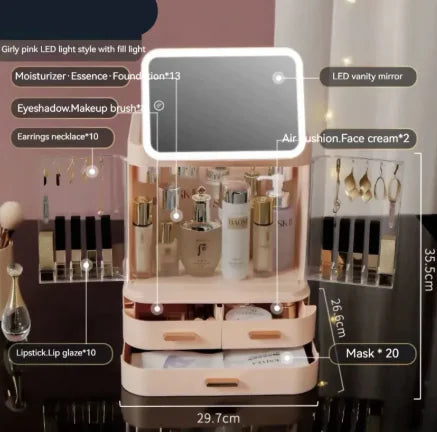 Makeup organizer with various cosmetic items and LED vanity mirror, labeled with dimensions.