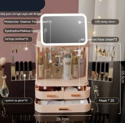 Makeup organizer with various cosmetic items and LED vanity mirror, labeled with dimensions.