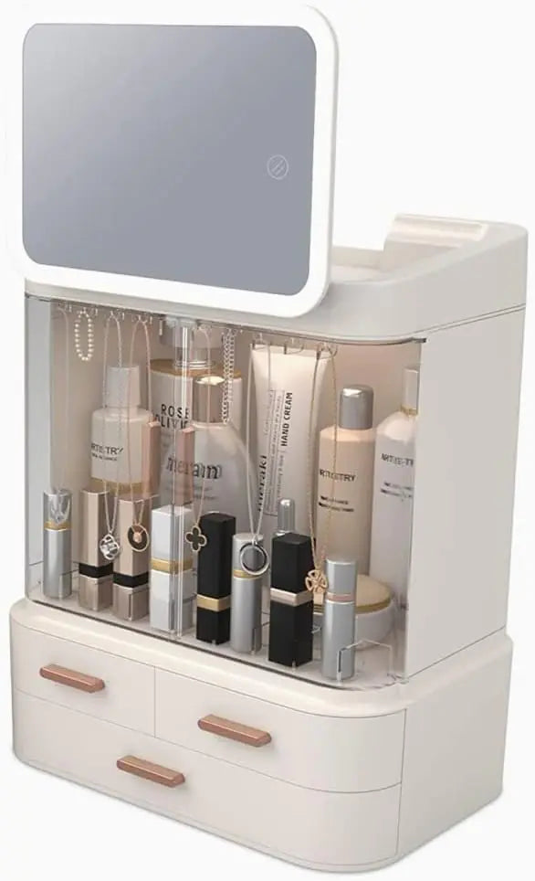 White cosmetic organizer with mirror and drawers filled with skincare products on a white background