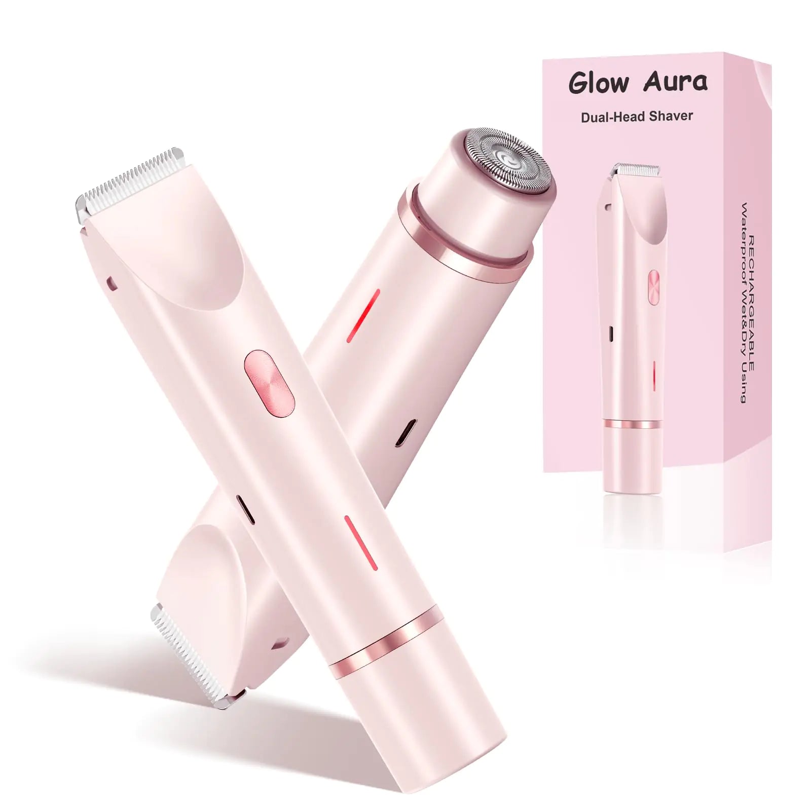 Pink dual-head shaver with packaging labeled 'Glow Aura' on a white background