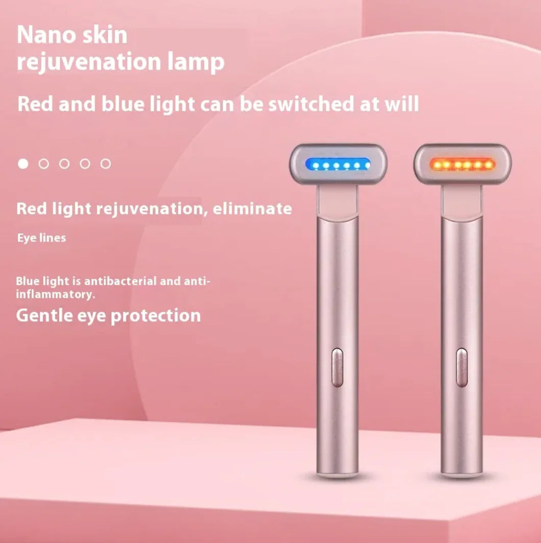 Nano skin rejuvenation lamp with red and blue light features on a pink background