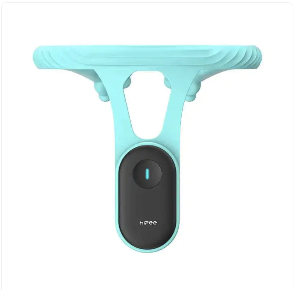Turquoise window cleaning tool with black center on a white background